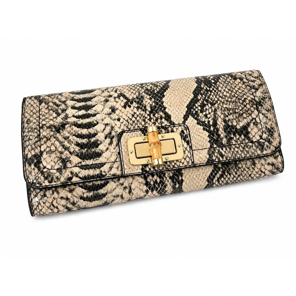 Banana‎ Republic Clutch Bag Beige Snakeskin Print Bamboo Turn-Lock Closure